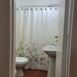 布宜诺斯艾利斯Palermo Botánico的浴室设有淋浴帘、卫生间和水槽