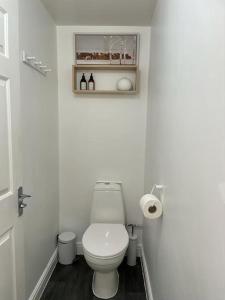 普雷斯科特Shakespeare's Snug的白色的浴室设有卫生间和架子。