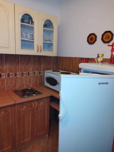 比耶拉Studios Annie的厨房配有木制橱柜和白色冰箱。