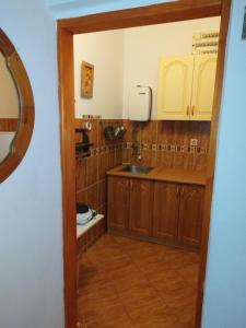 比耶拉Studios Annie的一个带木制橱柜和水槽的厨房