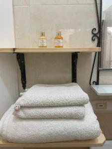 马拉喀什Riad Hanya的浴室的架子上摆放着三条毛巾