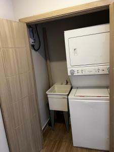 科马亚瓜Habitación Cerezo en Palmerola, Comayagua的一间带水槽和洗衣机的小浴室