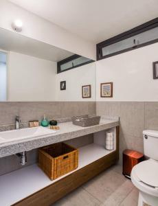 墨西哥城Unique Roma Apartments S51 By MrW的一间带水槽、卫生间和镜子的浴室