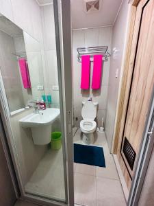 达沃市Lengs Place 2 - Studio Unit with Balcony at Inspiria Condo的浴室设有卫生间、水槽和粉红色毛巾。