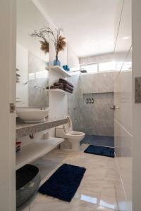 切图马尔Casa Caribe Chetumal的带淋浴、卫生间和盥洗盆的浴室