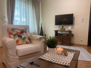 班斯科Apartment in Bansko, very close to the Gondola的客厅配有椅子和茶几