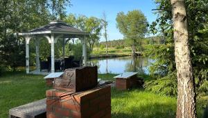 姆拉哥沃Mazurskie Siedlisko Langen的湖畔带凉亭的野餐桌