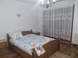 维纳斯Vila Orizont的一间卧室配有床和带窗帘的窗户