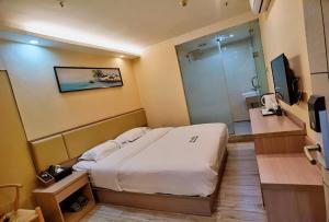 深圳松缘酒店的一间带一张床和淋浴的小卧室