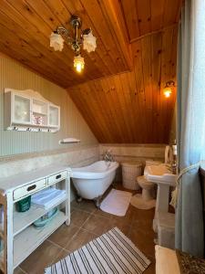 OdorínCozy family house的带浴缸、盥洗盆和卫生间的浴室