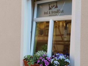 施塔特韦伦Bed and Breakfast Wehlen的鲜花盛开的窗口住宿加早餐旅馆