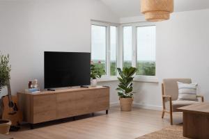 SmokovićSpacious and fully equipped apartment near Zadar的客厅配有木柜上的平面电视