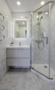 乌田纳Aušros apartamentai的带淋浴和盥洗盆的浴室