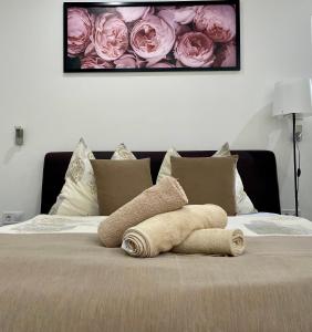 豪伊杜索博斯洛Attila Studio Apartments的铺在床上的玫瑰毛巾