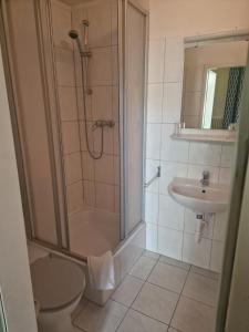 柏林斯图加特爱客姆酒店 的带淋浴、卫生间和盥洗盆的浴室