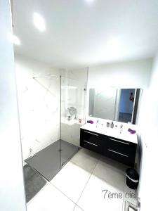 法兰西堡Bienvenue au 7ème ciel dans le spacieux T3 !的带淋浴和盥洗盆的白色浴室