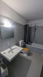 泰特南Reiheneckhaus mit Garten und Terasse的浴室配有盥洗盆、卫生间和浴缸。