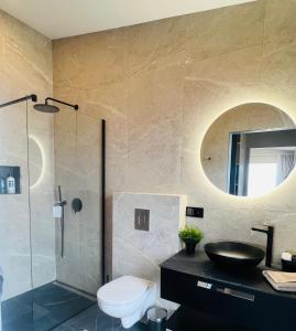 雷克霍特Luxury villa with hot tub & amazing view的一间带水槽、卫生间和镜子的浴室