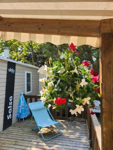 莱马特Mobile-home Bonne -Anse Plage的花 ⁇ 甲板上的蓝色椅子