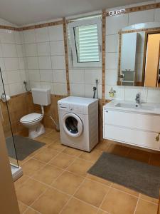 诺瓦利娅Apartments Loncar-near Zrće beach的一间带洗衣机和水槽的浴室