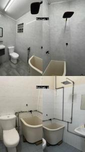 日得拉Ruwa Homestay的浴室的两张照片,配有卫生间和水槽