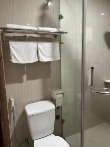 海阳Khách Sạn Sông Lô的一间带卫生间和淋浴的小浴室