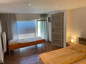 赫拉布斯Apartments Nikol&Alzbetka的一间卧室设有两张床和窗户。