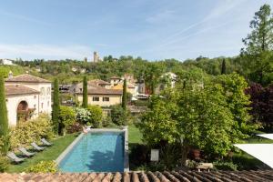 明乔河畔的瓦雷奇奥Relais Borghetto的享有带游泳池的房屋后院的景致