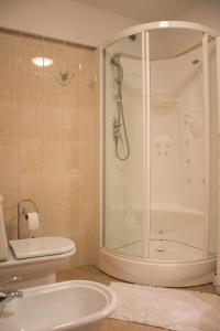 帕格Apartmani Ina Pag的带淋浴、卫生间和盥洗盆的浴室