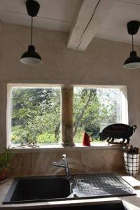 塞居勒La petite maison des artistes的厨房设有水槽和窗户。