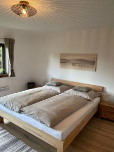米尔施塔特SapplAlm的卧室设有一张大床,拥有天花板