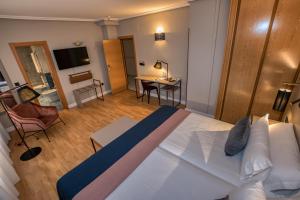 帕伦西亚旧卡斯蒂利亚酒店的一间带大床的卧室和一间客厅