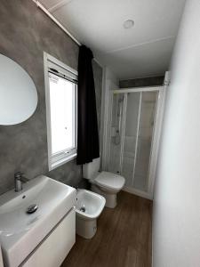 莫尼加Camping San Michele的一间带水槽和卫生间的浴室以及窗户。