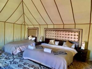 梅尔祖卡Desert Coast Opulent Camp的帐篷内带两张床的房间