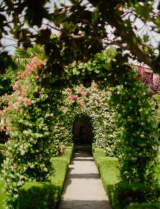 爱尔巴桑里尔斯堪皮酒店的花园中带粉红色花的拱门