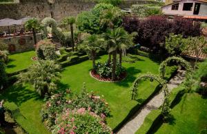 爱尔巴桑里尔斯堪皮酒店的享有棕榈树和鲜花花园的空中景致