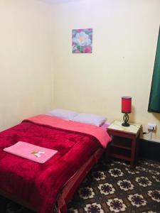 利马KORICANCHA的一间卧室配有红色的床和一张带台灯的桌子