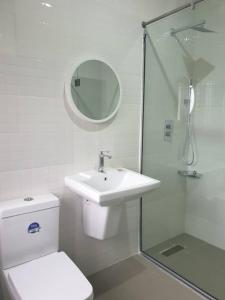 Abi's Place的浴室配有卫生间、盥洗盆和淋浴。