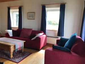 巴利康尼利Kilronan Cottage的客厅设有2张红色的沙发和1扇窗户
