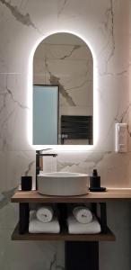 南特GUSTAVE - Quartier Historique的浴室配有带镜子的梳妆台和毛巾