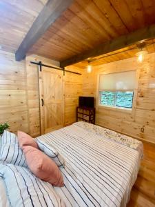 Lake ArielLakeview Cabin in The Hideout的小木屋内一间卧室,配有一张床