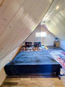 LieplaukėCharming Sauna Cottage in a Horse Ranch的阁楼上的卧室配有一张大床