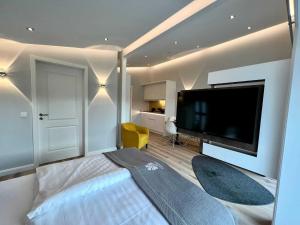 泰克伦堡DRIEHOF LandGut & Residenz LifeStyle-Comfort Apt 7的一间卧室设有一张大床和一台平面电视。