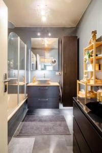 蒙多夫莱班Homestay in a nice flat的一间带水槽、浴缸和镜子的浴室
