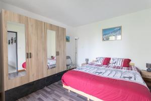 圣雷热雷梅累兹Les Arolles - Appartement vue sur la montagne的一间卧室配有一张大床和镜子