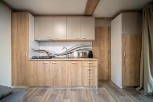 克罗诺维察Luxury Home Sanella的厨房铺有木地板,配有木制橱柜。