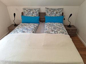 罗埃特根Ferienhaus Altes Backhaus的一间卧室配有白色床和蓝色枕头