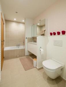 奥斯特坎普Vakantiewoning Blijbos的浴室配有卫生间、盥洗盆和浴缸。