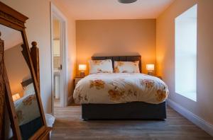 BallylongfordCarrig Island Lodge的一间卧室配有一张床和镜子
