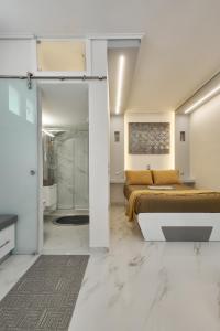 米蒂利尼Modern Studio for Two, Mytilene Lesvos的一间卧室配有一张床,浴室设有淋浴。